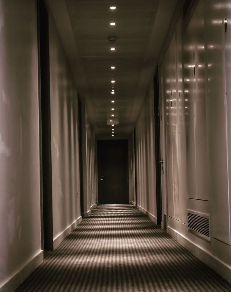 Moody hotel corridor wall art print