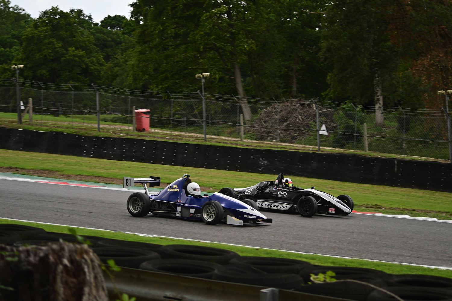 Single-seater race car racing along a tree-lined circuit, motorsport photography