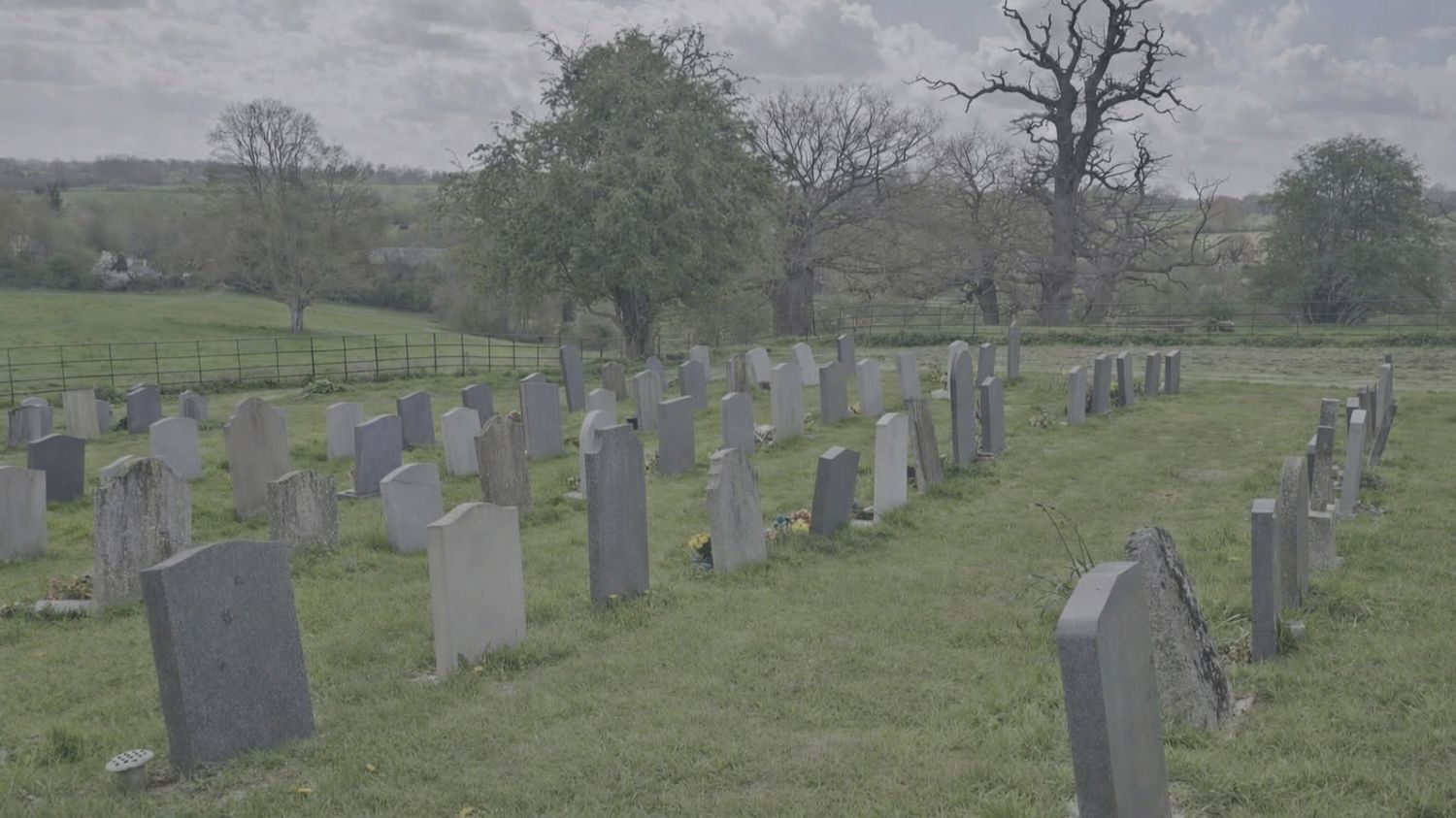 Rural graveyard with weathered headstones under an overcast sky, landscape photography