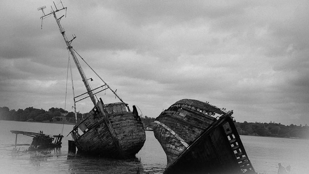 Shipwrecked boats in fog wall art print