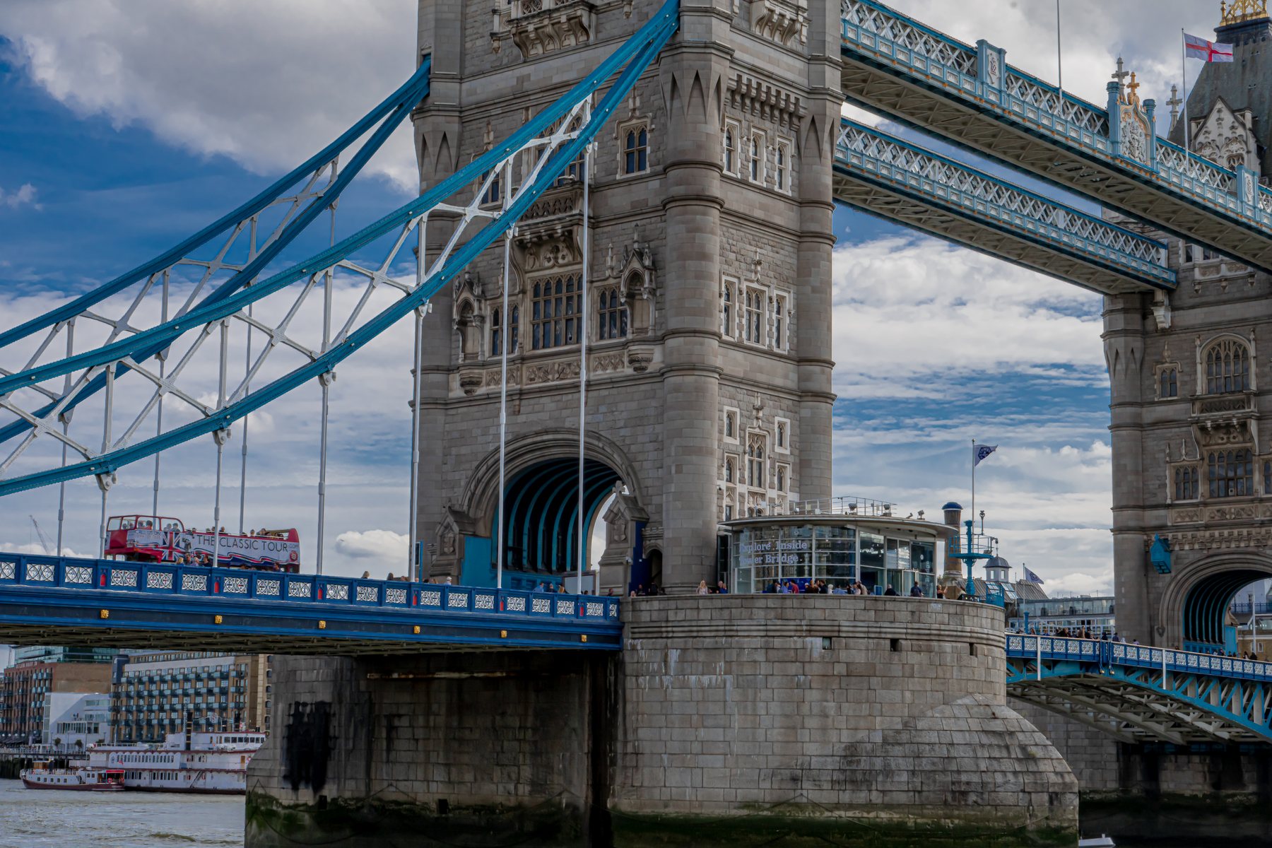Close-up view of Tower Bridge's towers and walkway, architecture photography, London