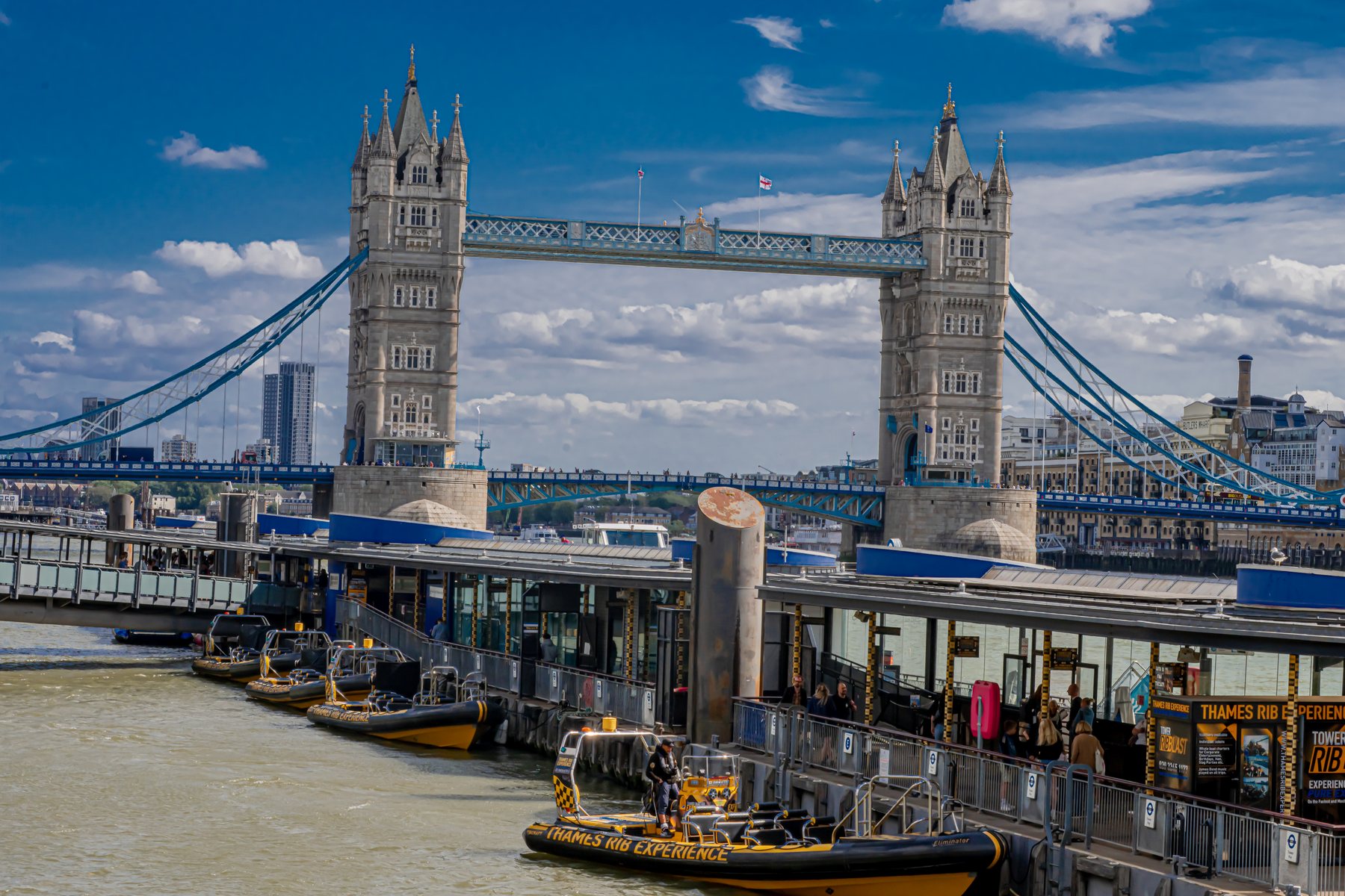 Tower Bridge and river pier viewed from the waterfront, landscape photography, London