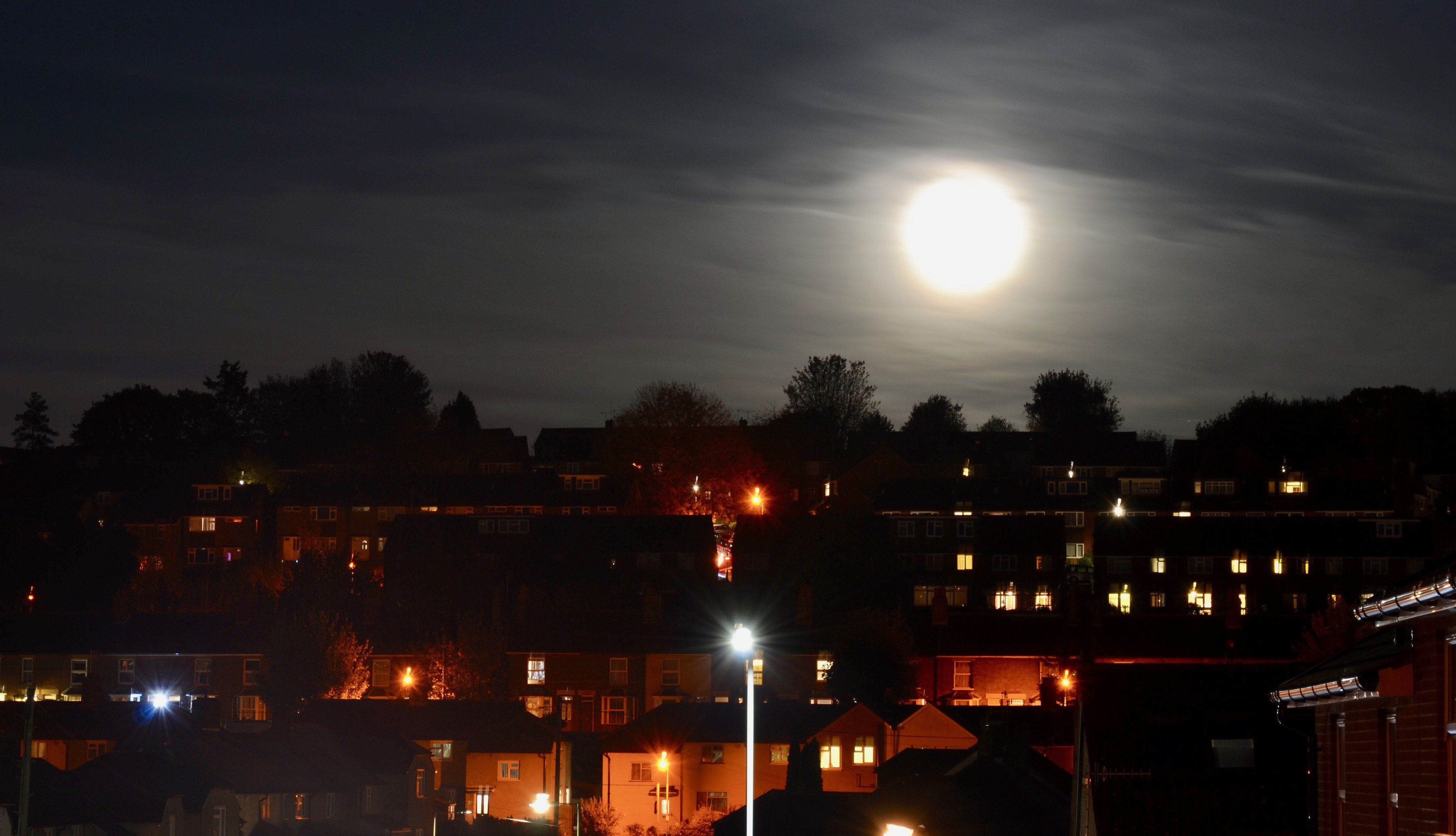 Full moon rising over a suburban rooftop skyline at night, landscape photography