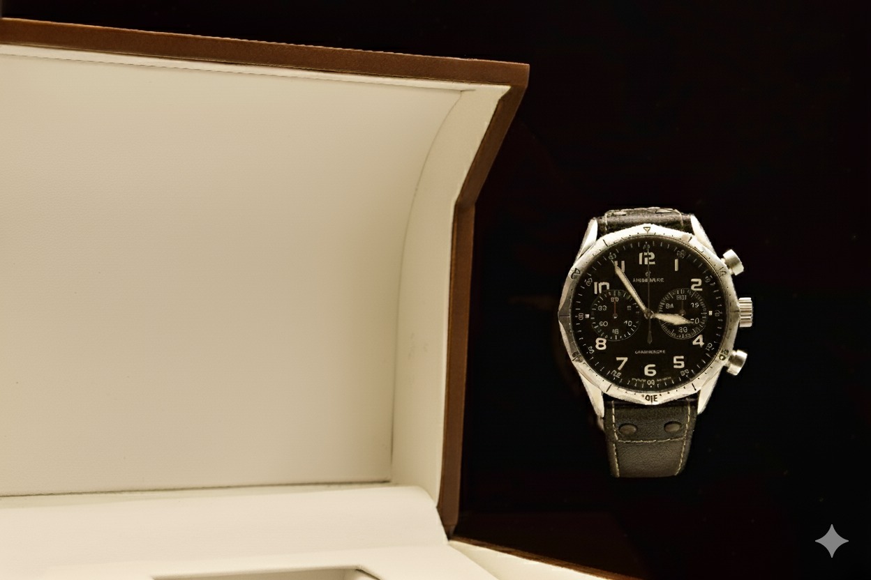 Chronograph wristwatch displayed beside an open watch box, product photography