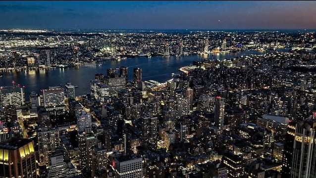 Aerial night view of the Manhattan skyline and river, New York architecture photography